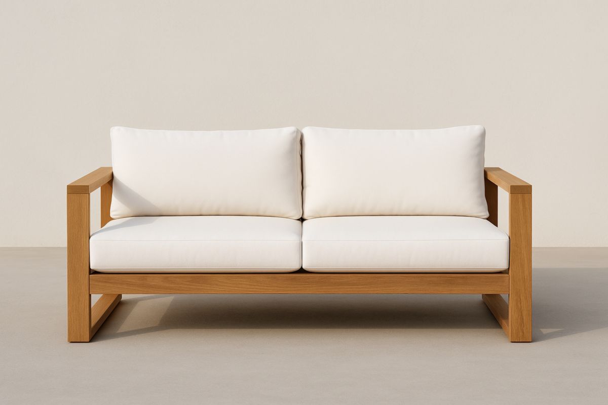 Divano in legno massello con cuscini bianchi