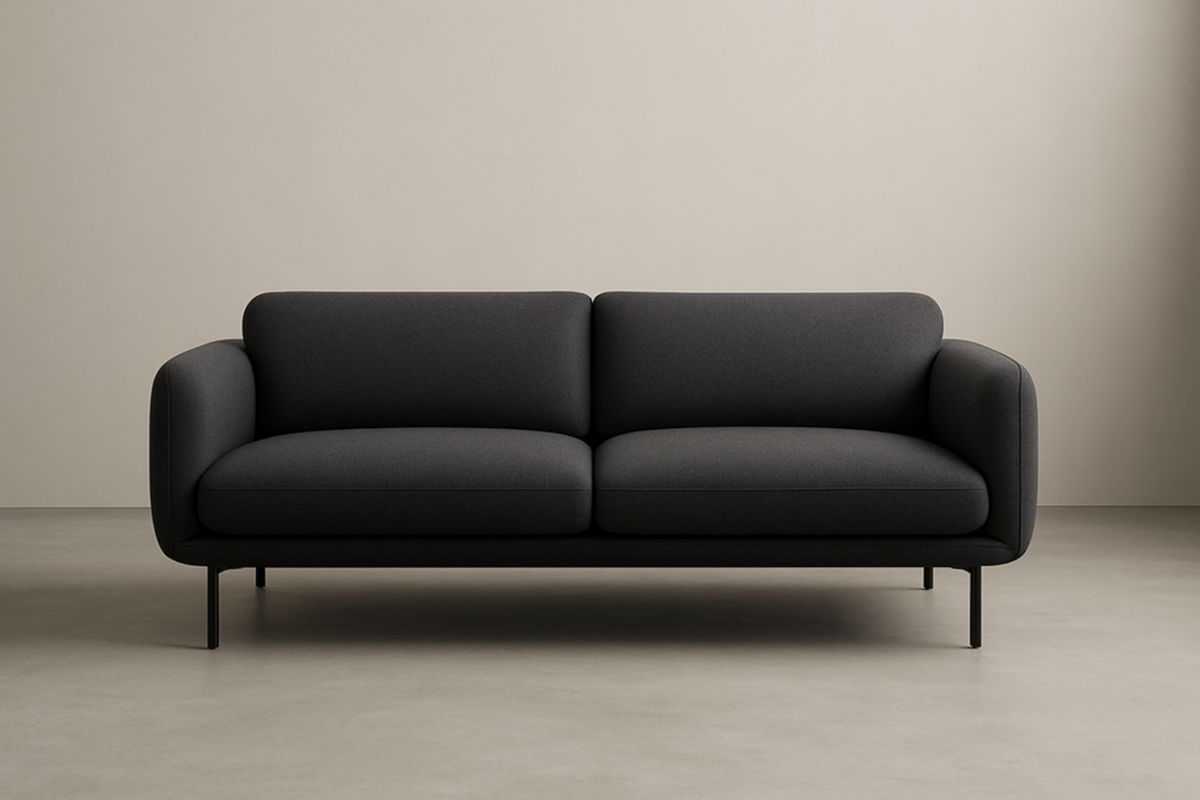 Divano 2 posti in tessuto grigio scuro con gambe in alluminio