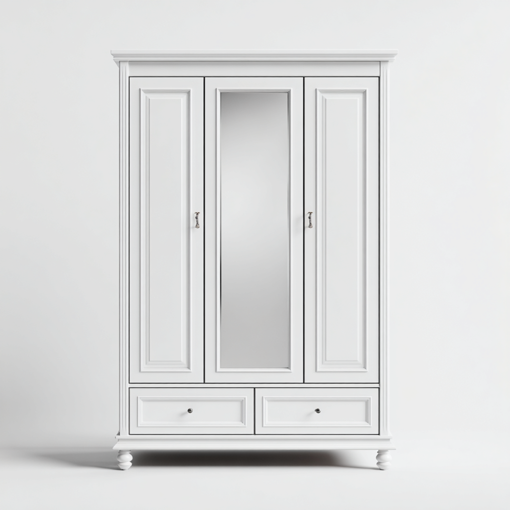 Armoire bois 150x58x210 cm - blanc avec miroir et tiroirs - adaptée à la chambre - style classique-Warmthova