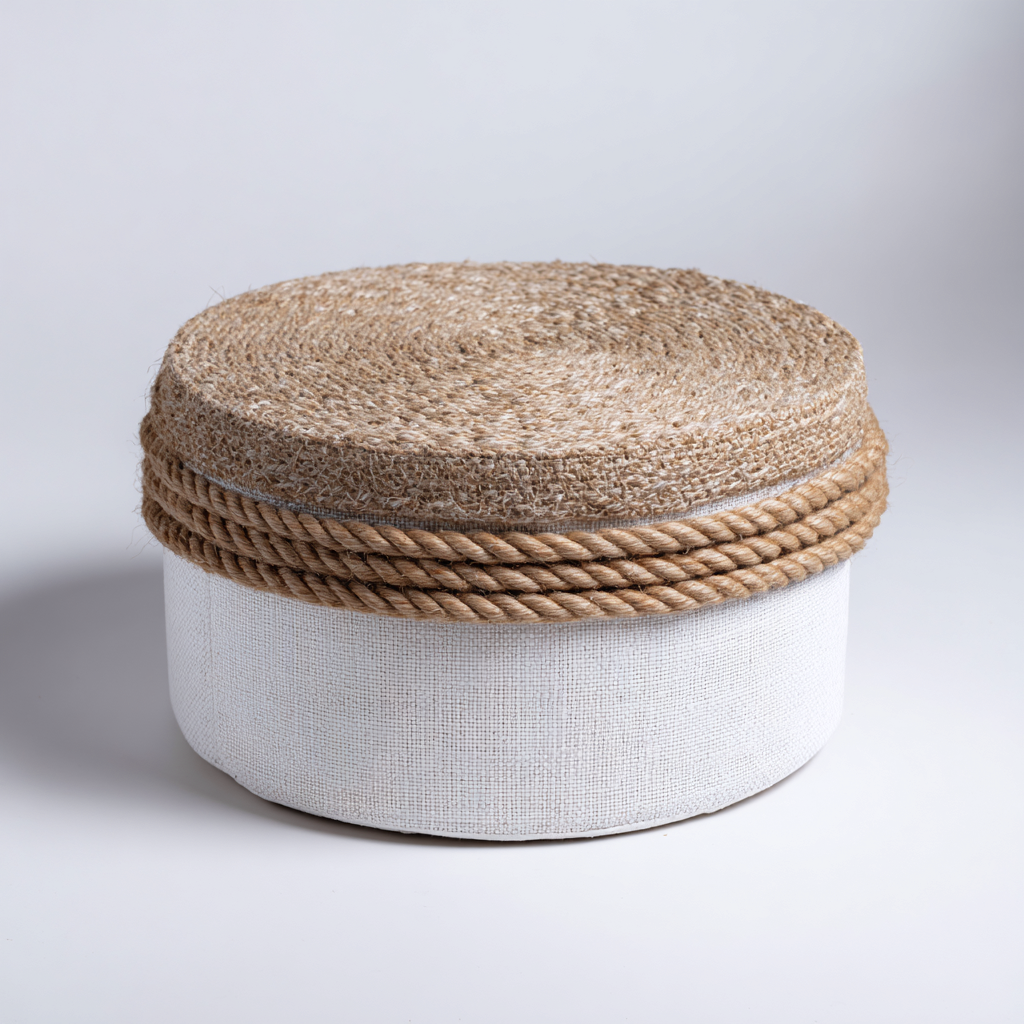Pouf rond en tissu et jute 40x40x38 cm - beige - blanc - adapté au salon - style naturel-Warmthova