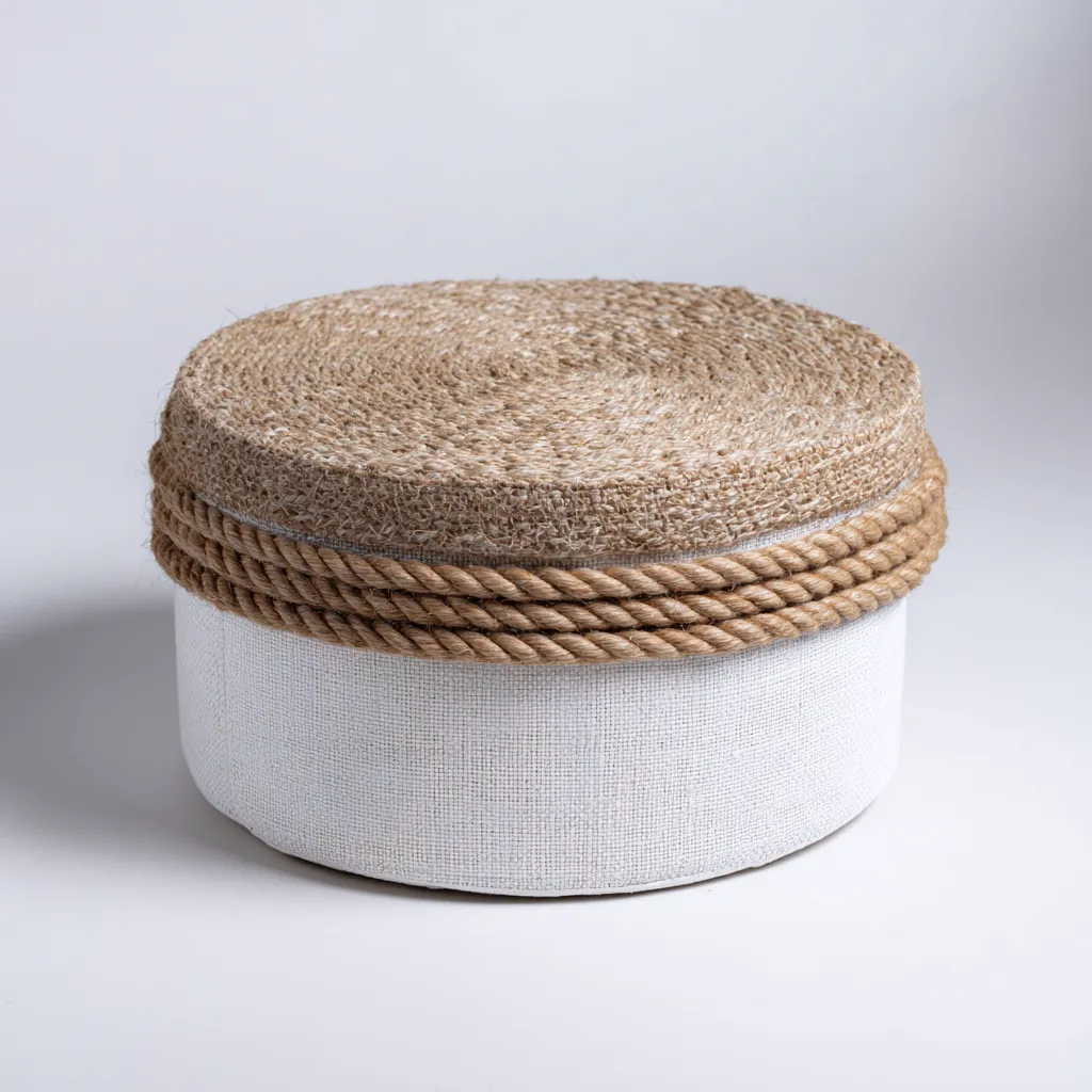 Pouf rond en tissu et jute 40x40x38 cm - beige - blanc - adapté au salon - style naturel-Warmthova