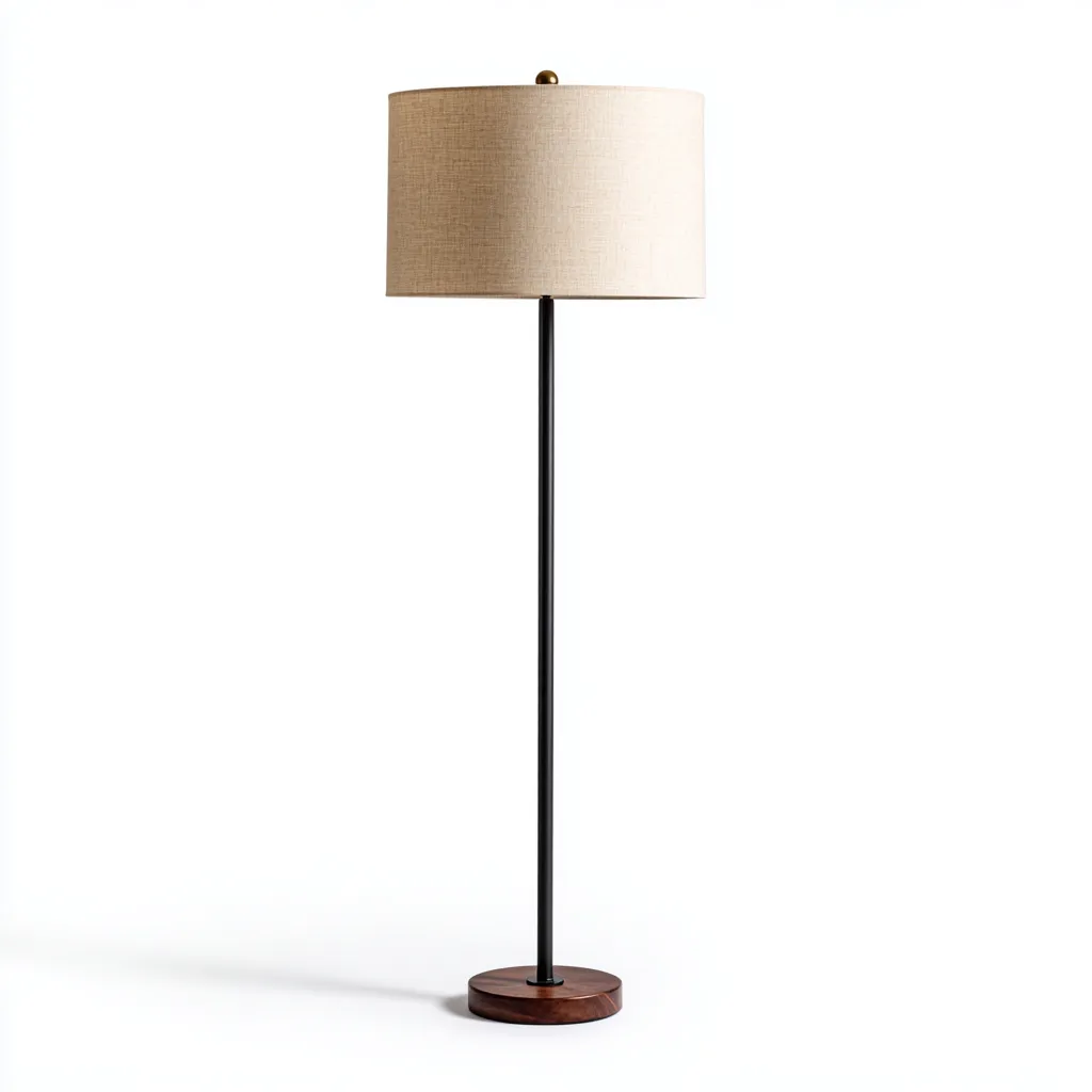 Lampadaire métal - bois 35x35x155 cm - noir - brun - beige - style moderne - pour salon-Warmthova