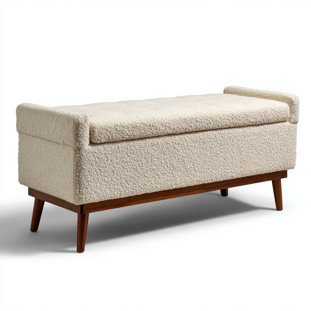 Banc de lit coffre tissu bouclé avec accoudoirs 110x40x50 cm - beige - design moderne pour chambre-Warmthova
