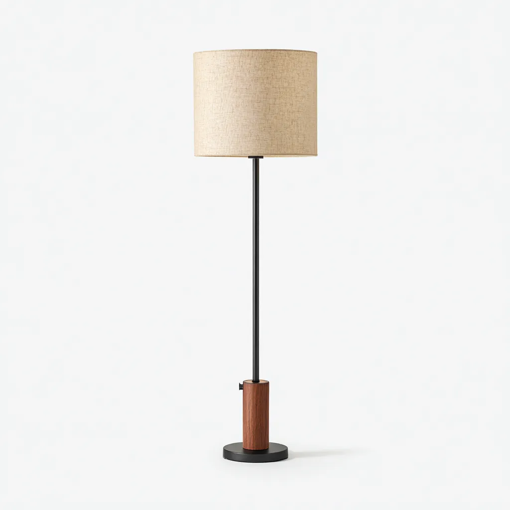 Lampadaire métal - bois 35x35x155 cm - noir - brun - beige - style moderne - pour salon-Warmthova