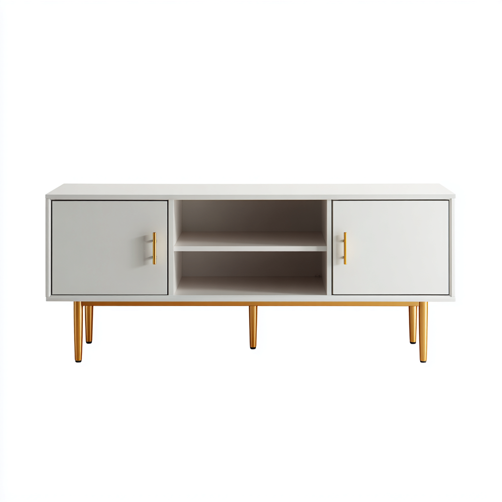 Meuble TV bois 150x40x55 cm - blanc - or - design moderne adapté au salon-Warmthova