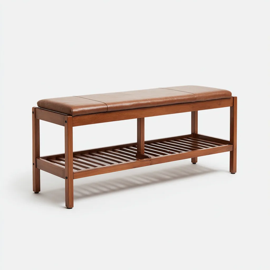 Banc de lit assise similicuir avec étagère bois 100x35x45 cm - marron - design fonctionnel pour chambre-Warmthova