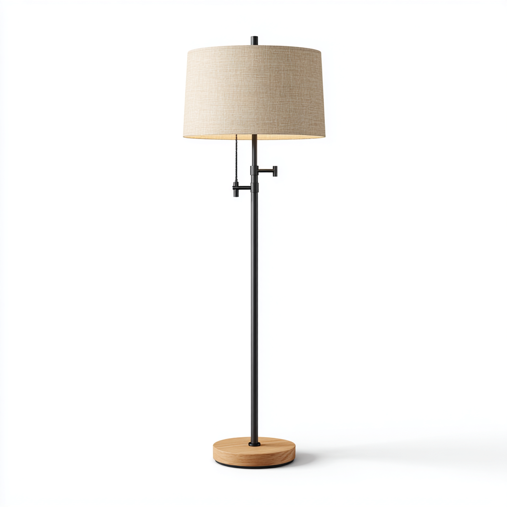 Lampadaire métal - bois 38x38x160 cm - noir - bois - beige - style moderne - pour salon-Warmthova