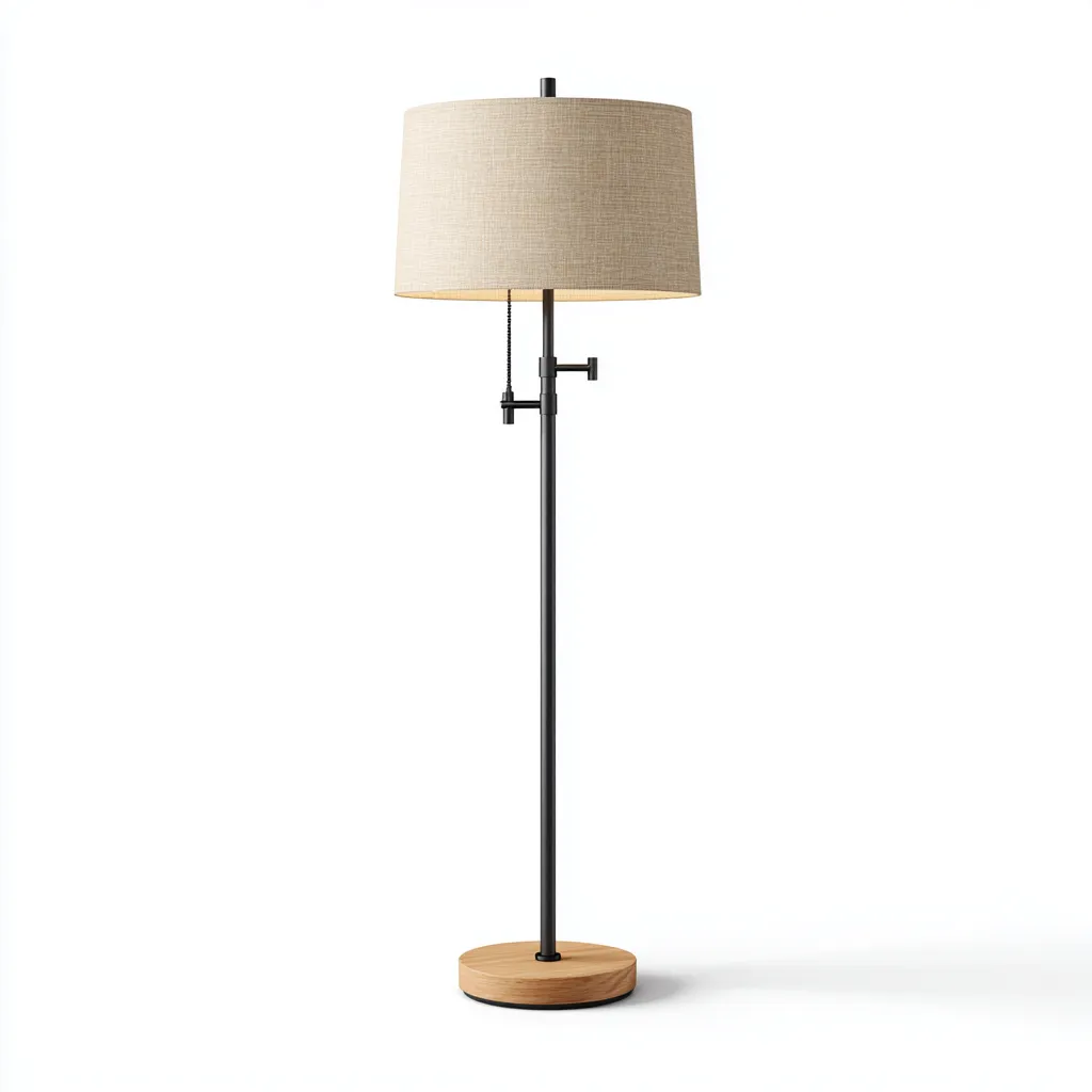 Lampadaire métal - bois 38x38x160 cm - noir - bois - beige - style moderne - pour salon-Warmthova