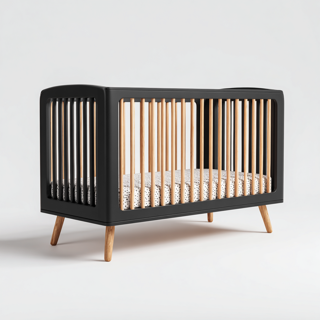 Lit bébé en bois massif 120x60x90 cm - noir - bois naturel - design moderne pour chambre de bébé-Warmthova