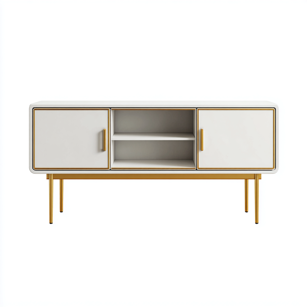 Meuble TV bois 150x40x55 cm - blanc - or - design moderne adapté au salon-Warmthova