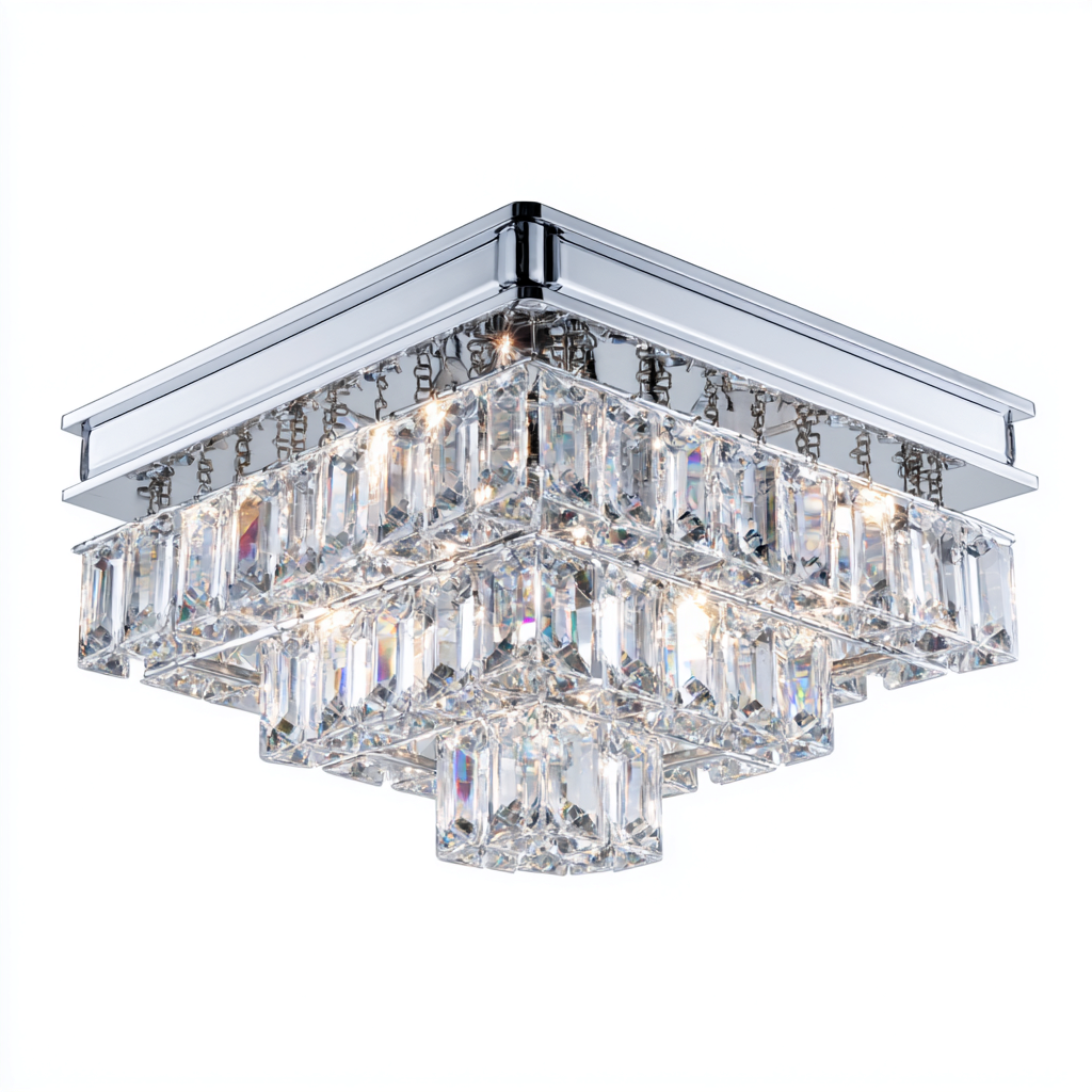 Plafonnier carré cristal et métal argent 35x35x28 cm - design en étages à pampilles - éclairage décoratif intérieur-Warmthova