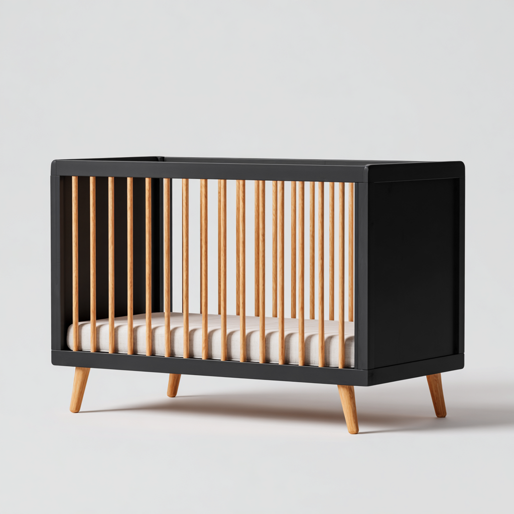 Lit bébé en bois massif 120x60x90 cm - noir - bois naturel - design moderne pour chambre de bébé-Warmthova