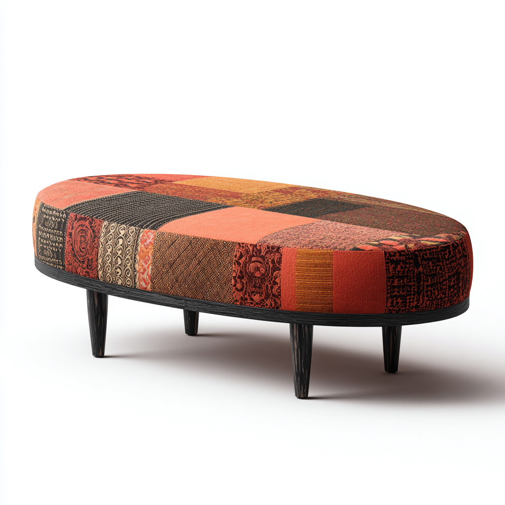 Banc de lit ovale tissu patchwork 110x50x38 cm - multicolore - style bohème pour chambre-Warmthova