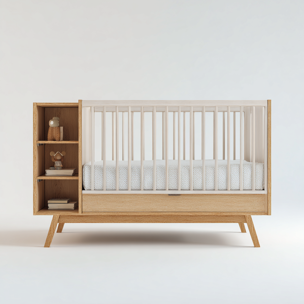 Lit bébé avec rangement en bois massif 140x70x95 cm - chêne naturel - blanc - design fonctionnel pour chambre de bébé-Warmthova