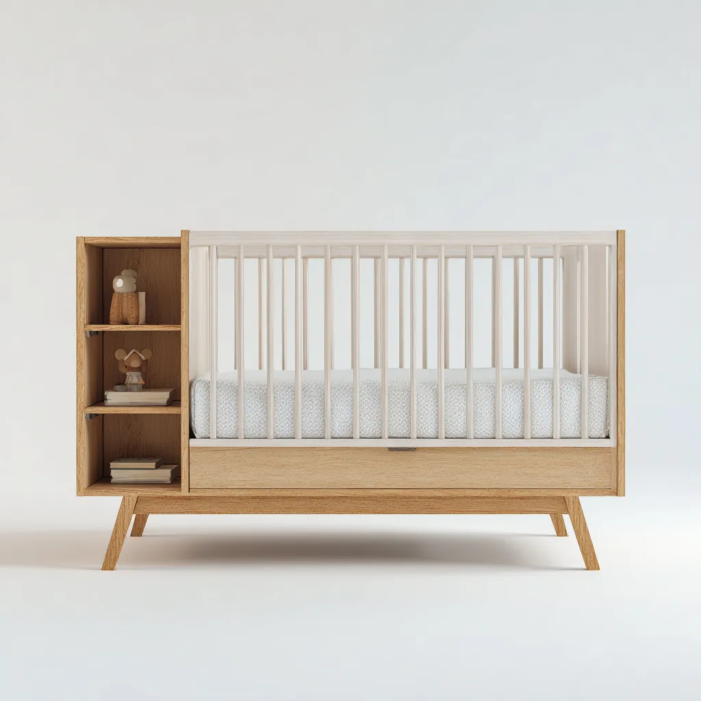 Lit bébé avec rangement en bois massif 140x70x95 cm - chêne naturel - blanc - design fonctionnel pour chambre de bébé-Warmthova