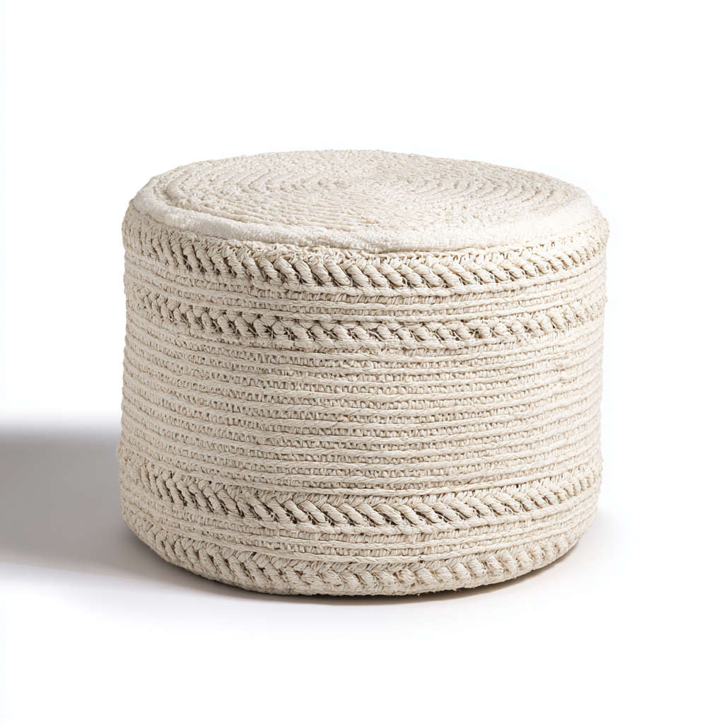 Pouf rond en tissu tressé 40x40x35 cm - beige - adapté au salon - style naturel-Warmthova