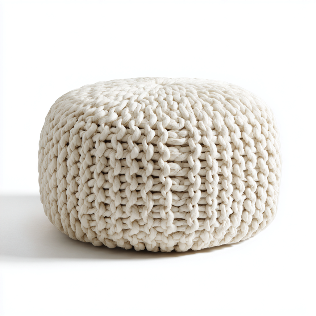 Pouf rond en tricot 50x50x32 cm - beige - adapté au salon - style naturel-Warmthova