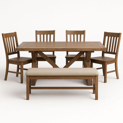 Dining Table Set Solid Wood Rectangular Brown with Chairs and Bench-Renolivra