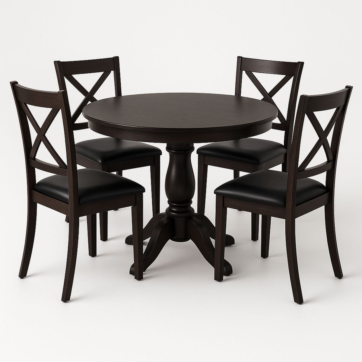 Round Dining Table Set Wood Frame Faux Leather Chairs Dark Brown-Renolivra