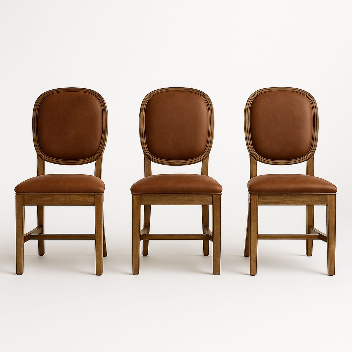 Set of 3 Brown Leather Dining Chairs with Wood Frame-Renolivra