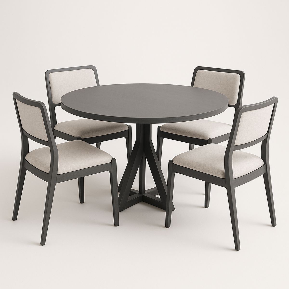 Round Dining Table and Chair Set Wood Black Polyester Upholstery-Renolivra