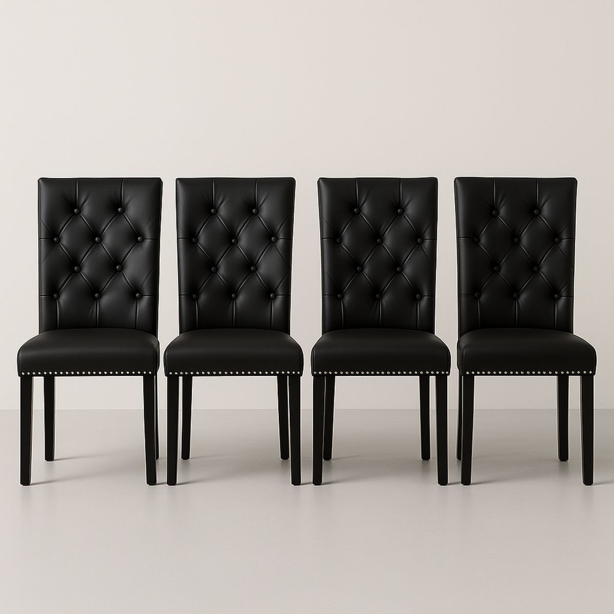 Set of 4 Black PU Leather Dining Chairs with Tufted Back and Nailhead Trim-Renolivra