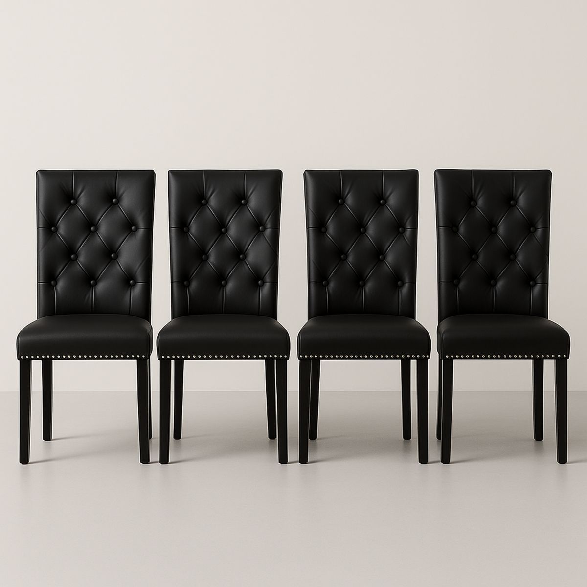 Set of 4 Black PU Leather Dining Chairs with Tufted Back and Nailhead Trim-Renolivra