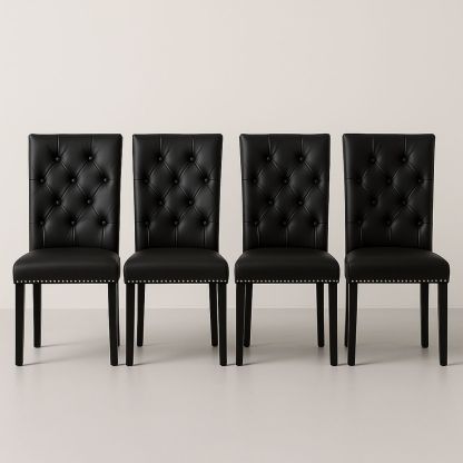 Set of 4 Black PU Leather Dining Chairs with Tufted Back and Nailhead Trim-Renolivra