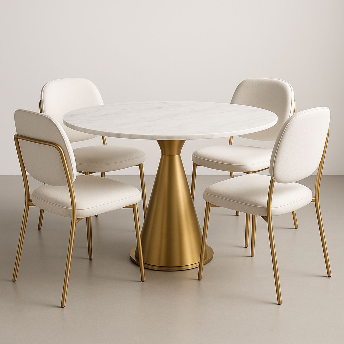 Round Marble Dining Table and Upholstered Chairs Set Gold Frame 4-Seater-Renolivra