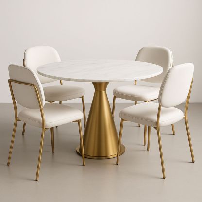 Round Marble Dining Table and Upholstered Chairs Set Gold Frame 4-Seater-Renolivra