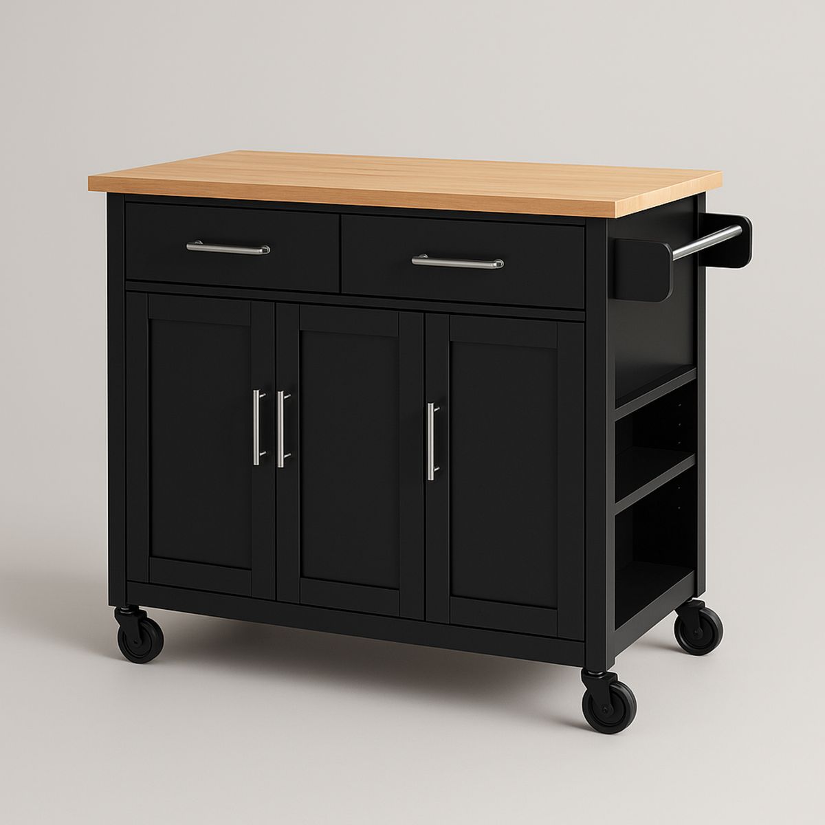 Kitchen Island Cart with Hardwood Top Black and Storage-Telomivra