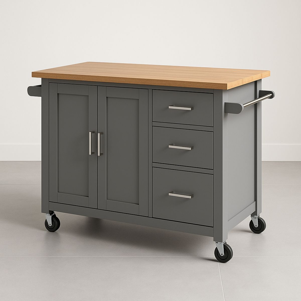 Kitchen Island Trolley with Bamboo Top and Grey Cabinet-Telomivra