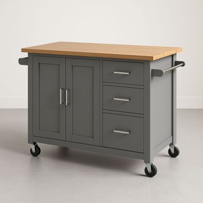 Kitchen Island Trolley with Bamboo Top and Grey Cabinet-Telomivra