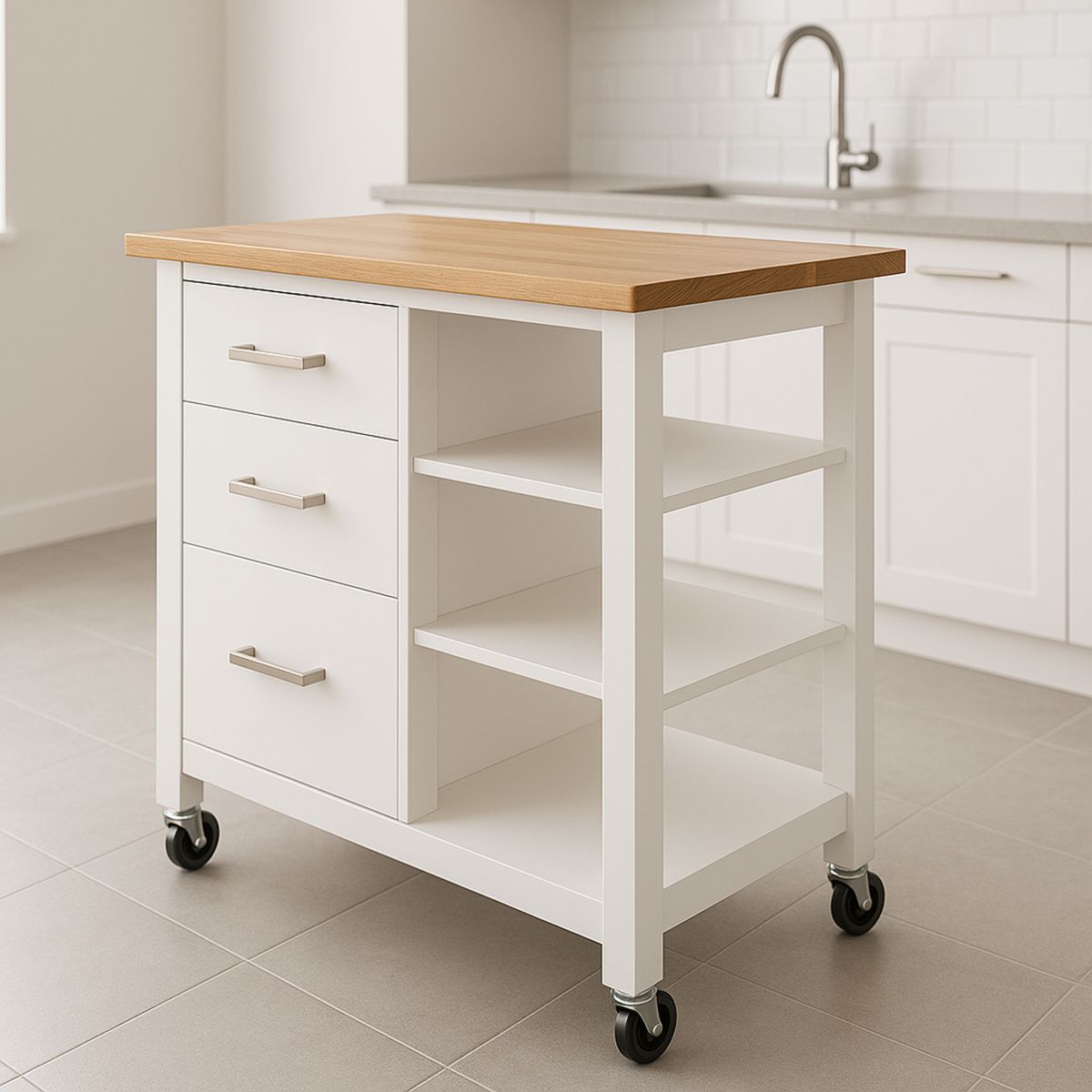 Mobile Kitchen Island Trolley with Solid Oak Top and White MDF Frame with 3 Drawers and Shelves-Telomivra