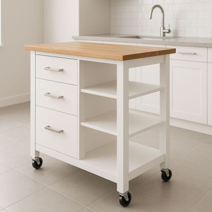Mobile Kitchen Island Trolley with Solid Oak Top and White MDF Frame with 3 Drawers and Shelves-Telomivra