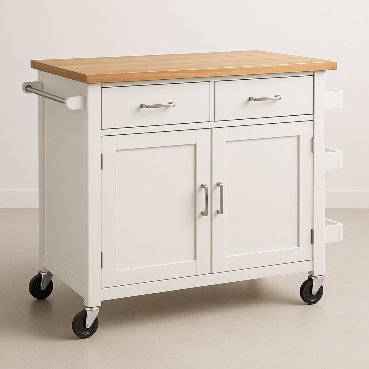 Kitchen Trolley Cart with Solid Wood Top and Two Drawers in White 112cm-Telomivra
