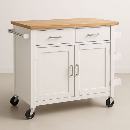 Kitchen Trolley Cart with Solid Wood Top and Two Drawers in White 112cm-Telomivra