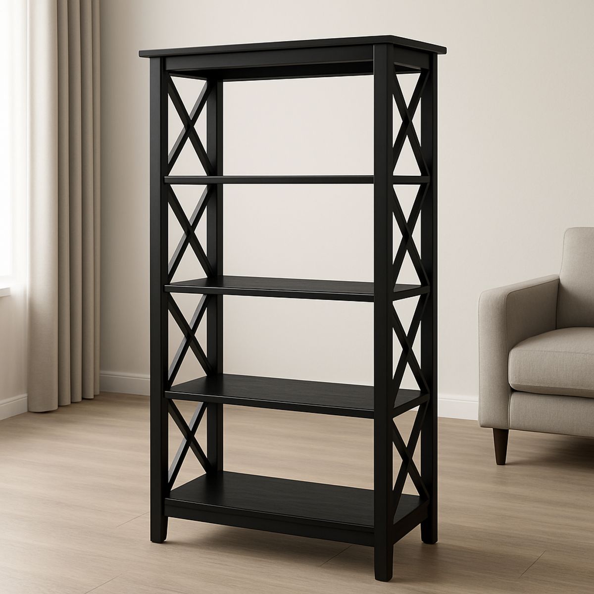 Black MDF and Pine Bookshelf with 4 Shelves-Nerivanto