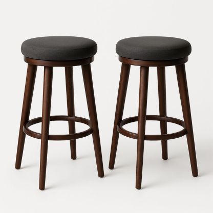 Set of 2 Wooden Bar Stools with Dark Grey Upholstered Seats 75cm-Lokinesto