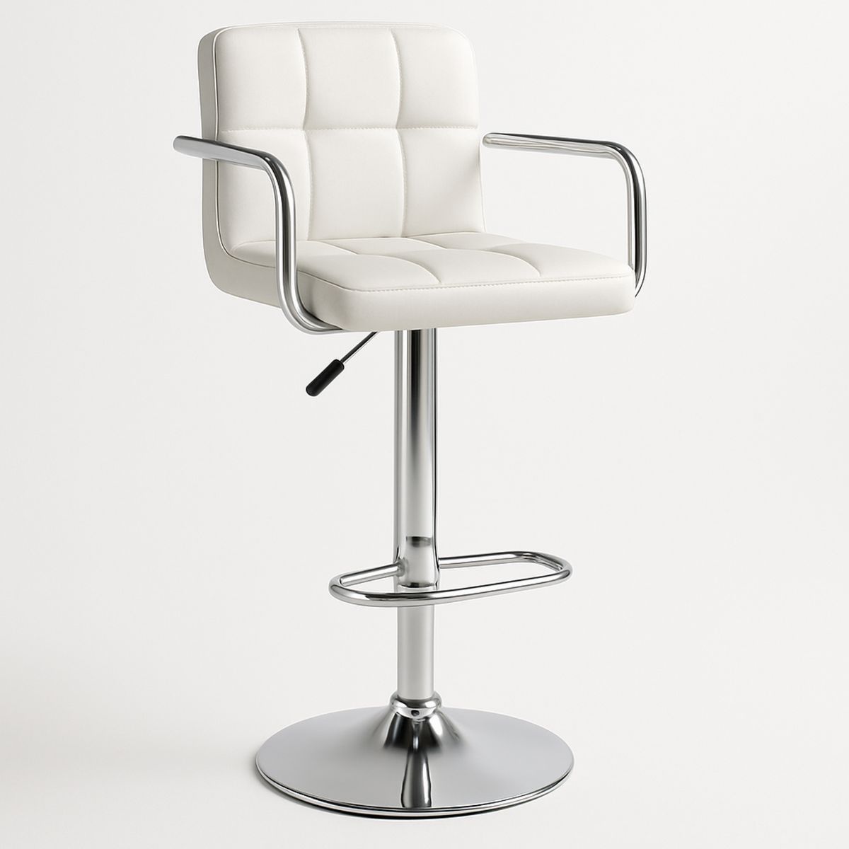 White PU Leather Adjustable Bar Stool with Chrome Base and Armrests-Lokinesto