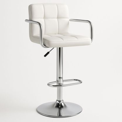 White PU Leather Adjustable Bar Stool with Chrome Base and Armrests-Lokinesto