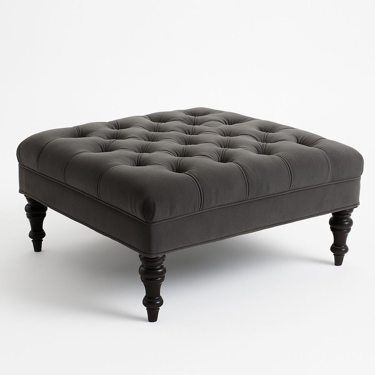 Square Tufted Ottoman Fabric Deep Grey with Turned Wooden Legs 90cm x 90cm x 45cm-Lokinesto