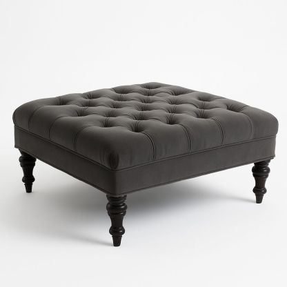 Square Tufted Ottoman Fabric Deep Grey with Turned Wooden Legs 90cm x 90cm x 45cm-Lokinesto