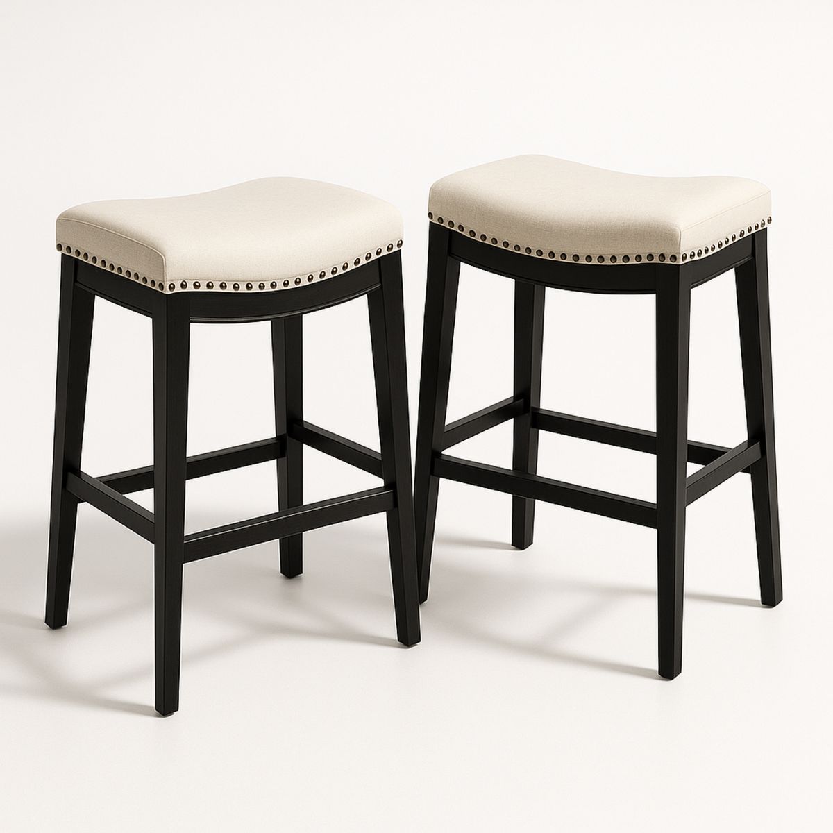 Set of 2 Wooden Frame Bar Stools with Linen Seats 76cm Beige and Black-Lokinesto