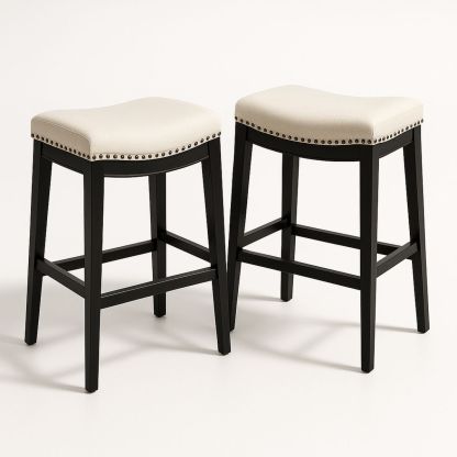 Set of 2 Wooden Frame Bar Stools with Linen Seats 76cm Beige and Black-Lokinesto