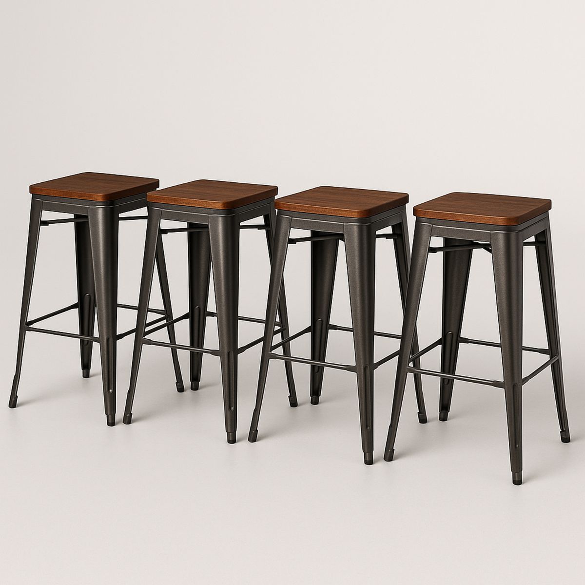 Set of 4 Iron Bar Stools with Wooden Seat Square Black/Brown 76cm-Lokinesto