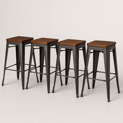 Set of 4 Iron Bar Stools with Wooden Seat Square Black/Brown 76cm-Lokinesto