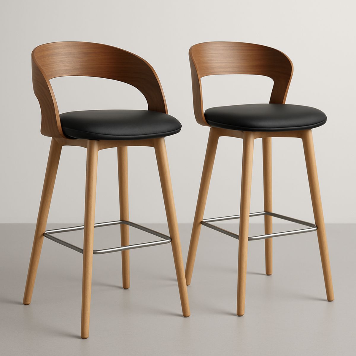 Set of 2 Bentwood Bar Stools with Black Faux Leather Seat and Oak Frame-Lokinesto