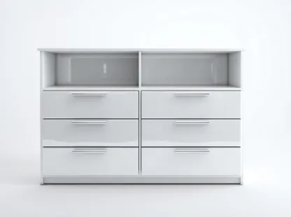 Cómoda de madera lacada 120x40x95 cm - blanco/plateado - para dormitorio - diseño moderno-Nestleixe