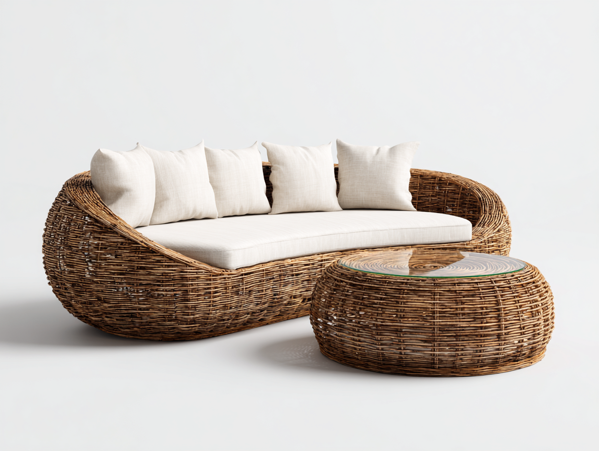 Conjunto de sofá y sillón para exterior en ratán sintético y tela - sofá 205x90x78 cm - beige/ratán natural - para jardín - diseño moderno-Nestleixe